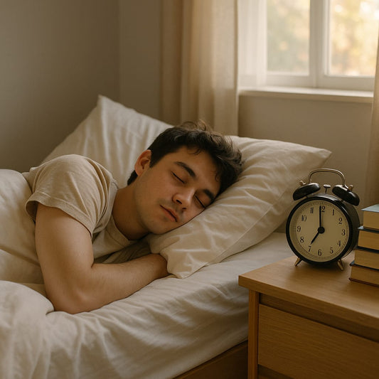 Student sleeping peacefully with alarm clock showing early morning time, textbooks nearby