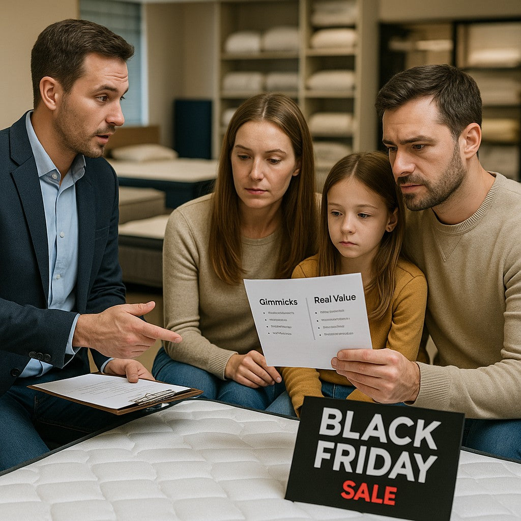 Canadian family making smart Black Friday mattress shopping decisions comparing real value versus marketing gimmicks for quality sleep investment
