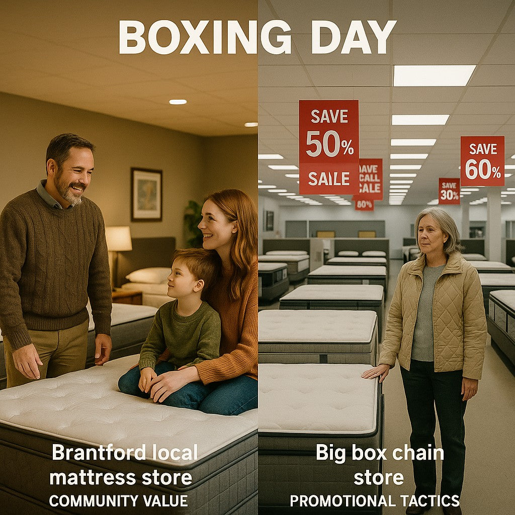 Boxing Day comparison showing Brantford local mattress store community value versus big box chain store promotional tactics
