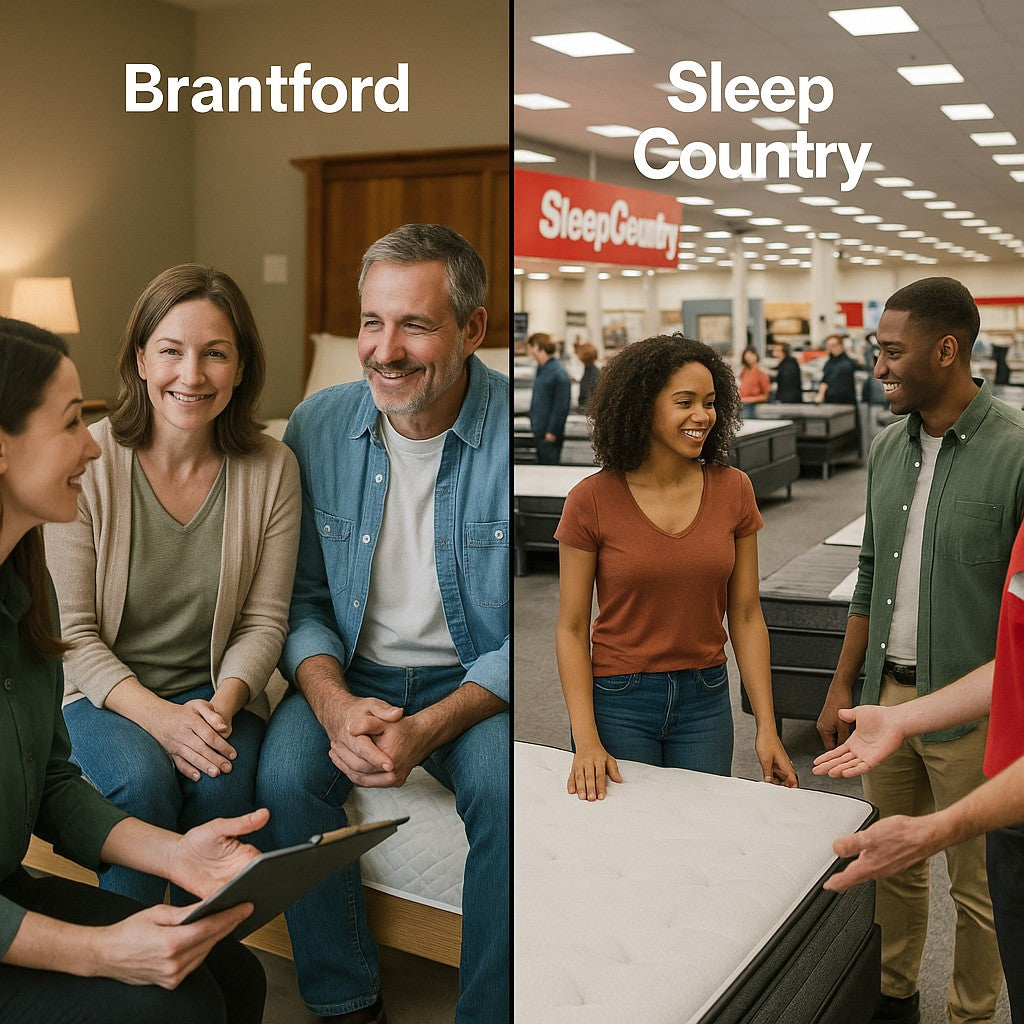 Side-by-side comparison of Brantford local mattress store personal service versus Sleep Country chain store experience highlighting community benefits
