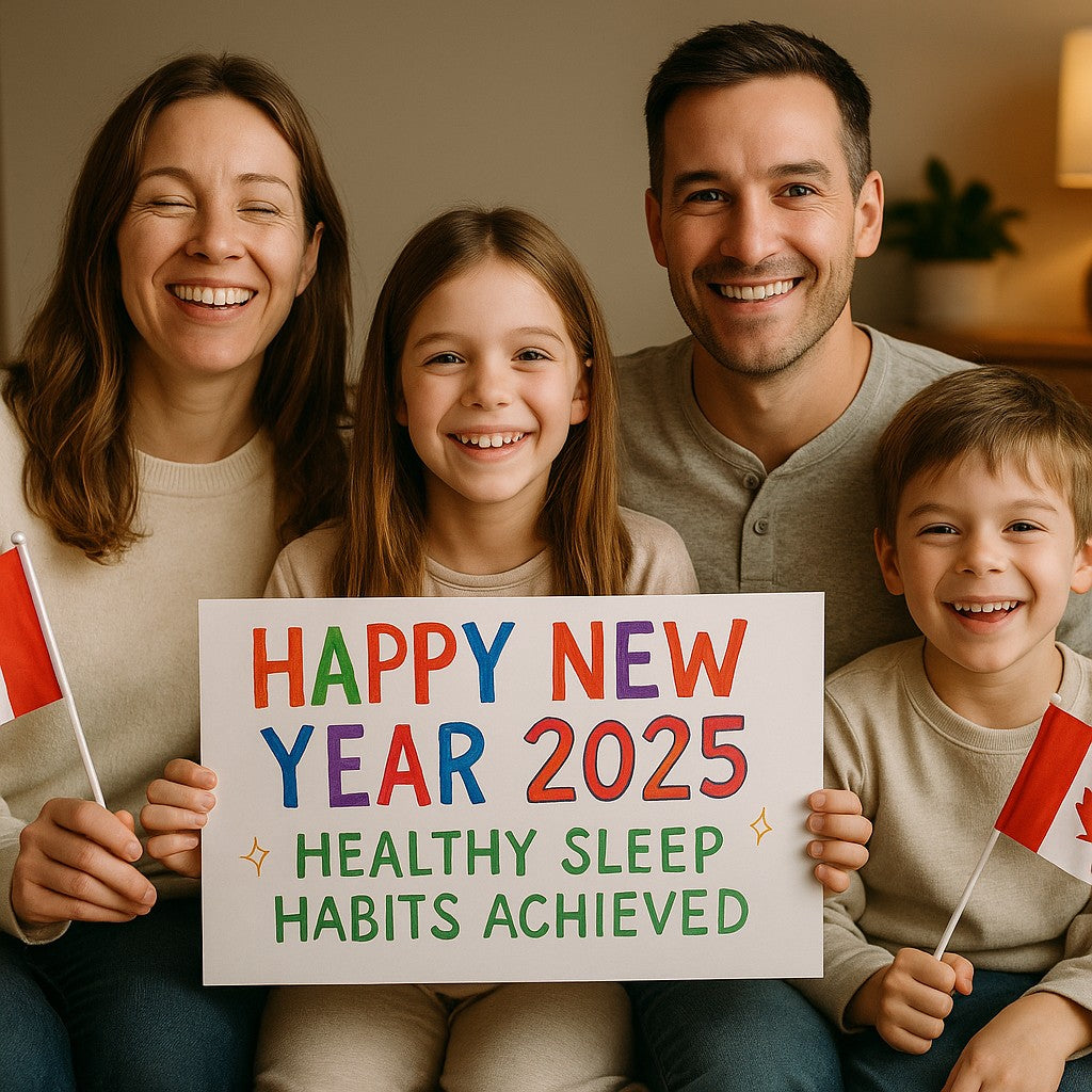 Canadian family embracing New Year sleep wellness resolutions with quality sleep environment supporting 2025 health goals