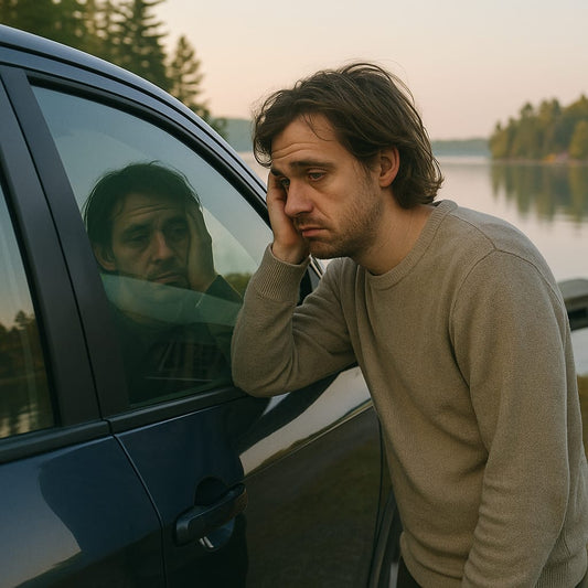 Cottage to city Monday face cover showing person looking at exhausted reflection in car window after cottage weekend
