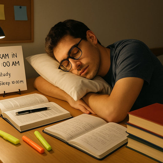 Student implementing strategic sleep schedule for optimal exam preparation and test performance with study materials and sleep planning