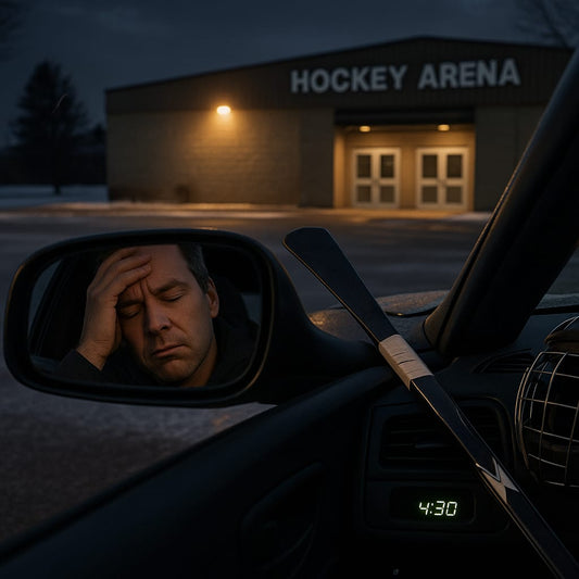 Hockey parent exhaustion cover photo showing tired parent at 4:30 AM with hockey arena and equipment, illustrating the struggle of early morning practices