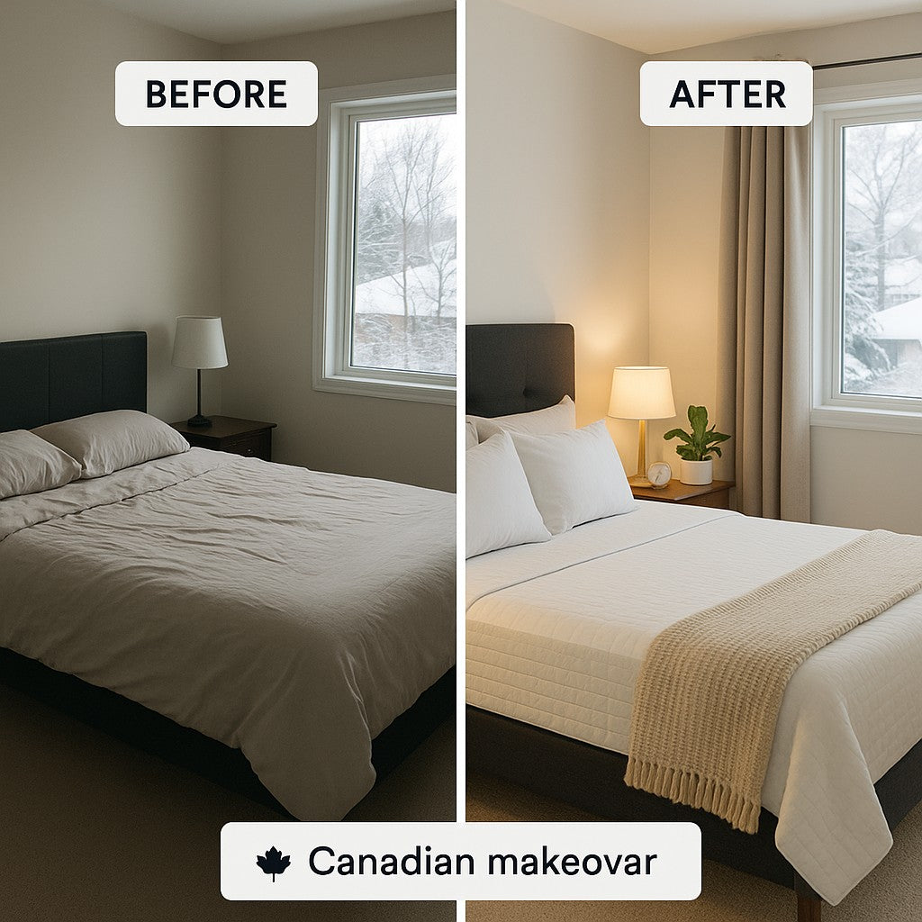Canadian bedroom transformation showing January makeover with sleep-focused improvements including quality mattress, lighting, and comfort enhancements