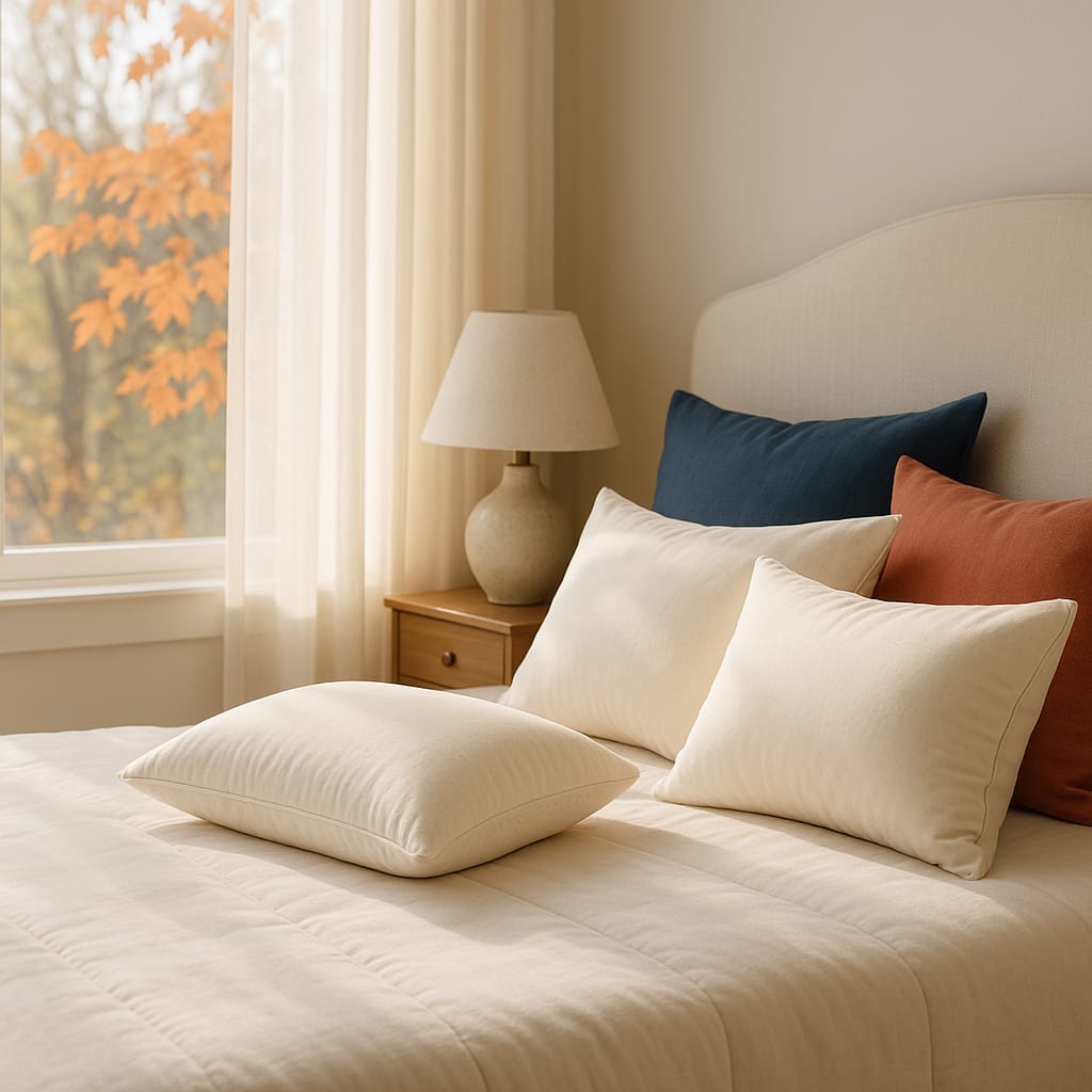 Natural organic pillows on bed with morning sunlight for beauty sleep article cover