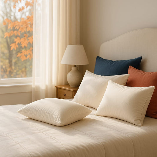 Natural organic pillows on bed with morning sunlight for beauty sleep article cover