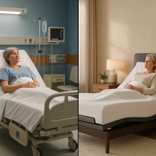 Split comparison: hospital recovery room vs. home adjustable bed showing same medical positioning comfort