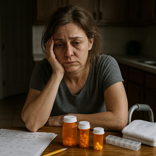 Exhausted middle-aged woman caring for elderly parent and children showing visible stress and fatigue