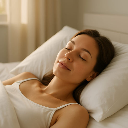Woman sleeping in optimal back position, peaceful morning light, smooth skin