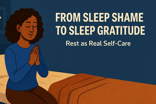 Landscape Illustration of Peaceful Woman Practicing Sleep Gratitude on Bed With Affirming Nighttime Setting