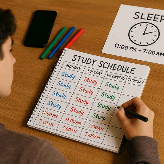 Student creating balanced schedule with study time and sleep time clearly defined for optimal academic performance