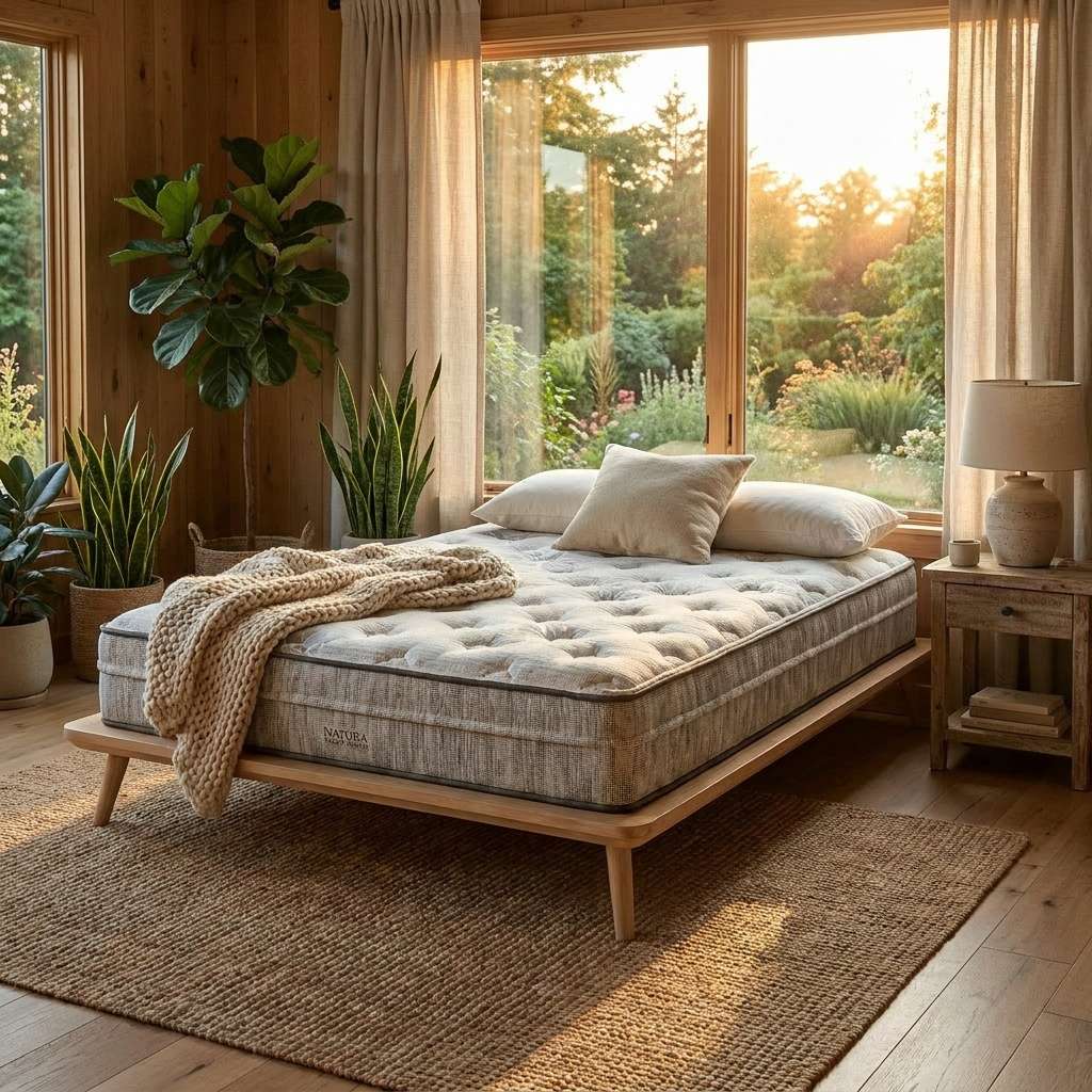 Natura Ultimate mattress made up with bedding in a bedroom lifestyle setting - Mattress Miracle
