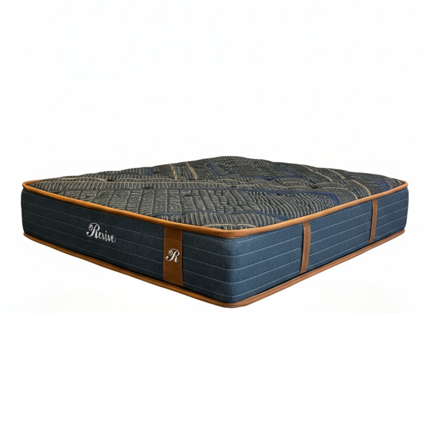 Restonic Revive 100 Marissa Mattress - Navy Blue with Cognac Leather Trim - Mattress Miracle Brantford