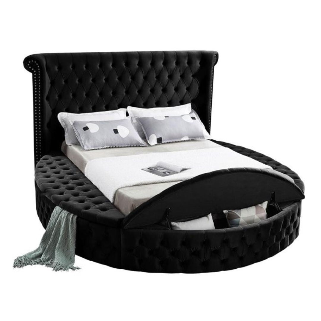 Black Velvet King/Queen Bed Frame with Deep Button Tufting and Storage at Mattress Miracle Canada