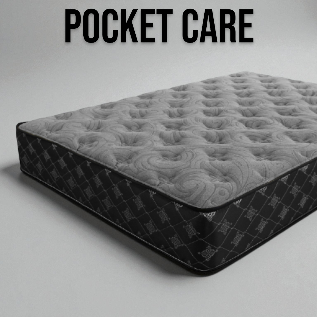 Gray mattress with 'POCKET CARE' text on a gray background