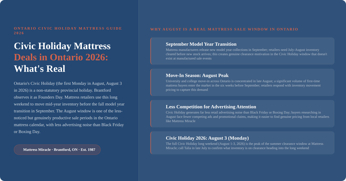 Infographic: Civic Holiday mattress deals Ontario 2026 and why August is a genuine sale window