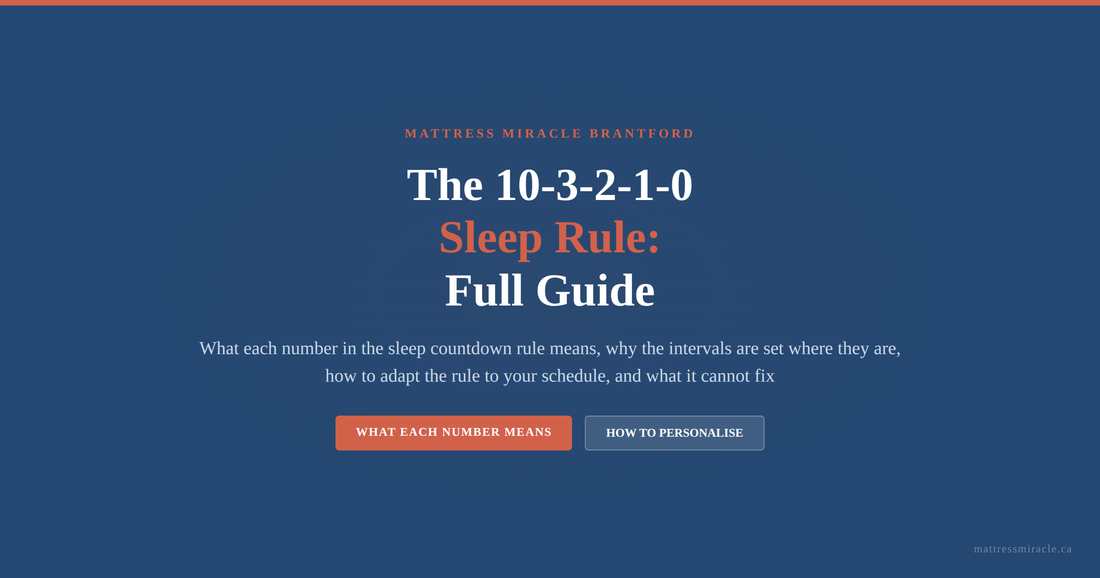 10-3-2-1-0 sleep rule full guide graphic for Mattress Miracle Brantford explaining what each countdown number means for sleep quality