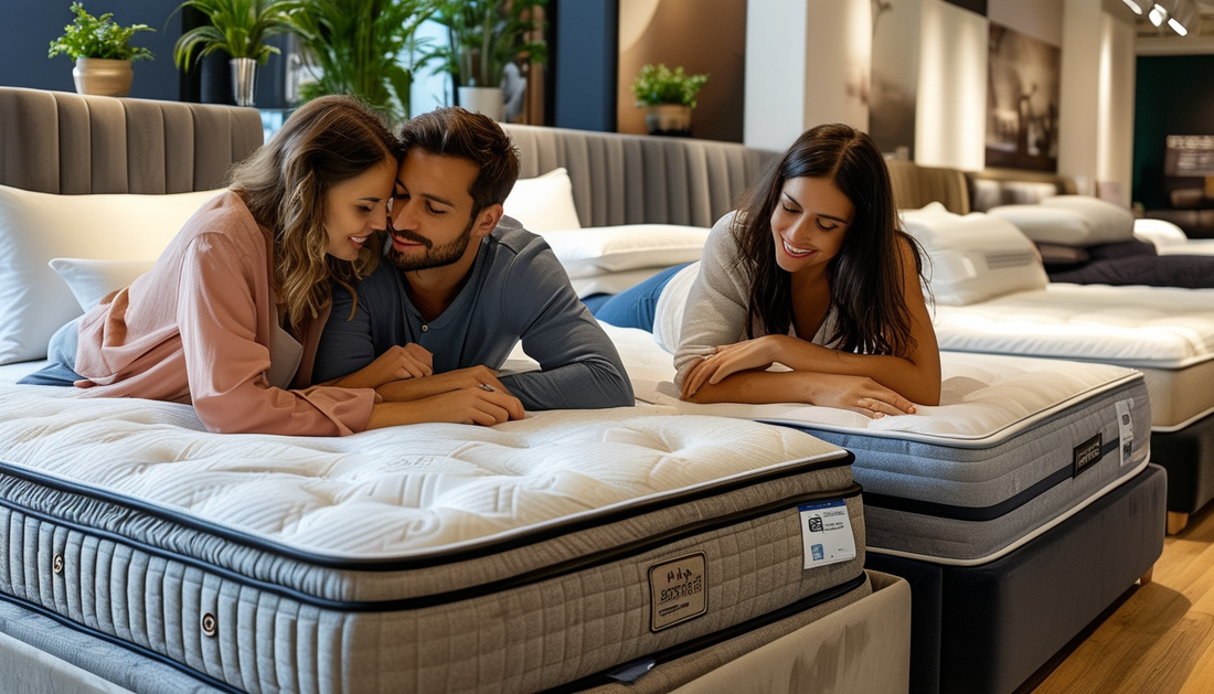 Couple testing mattress firmness levels at Mattress Miracle showroom