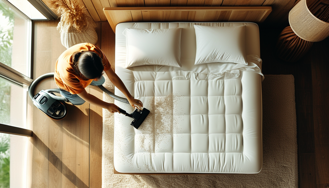 Person cleaning a mattress with baking soda in a bright bedroom