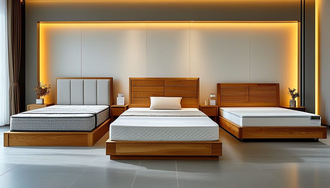 Box spring vs foundation vs platform bed comparison in a mattress showroom