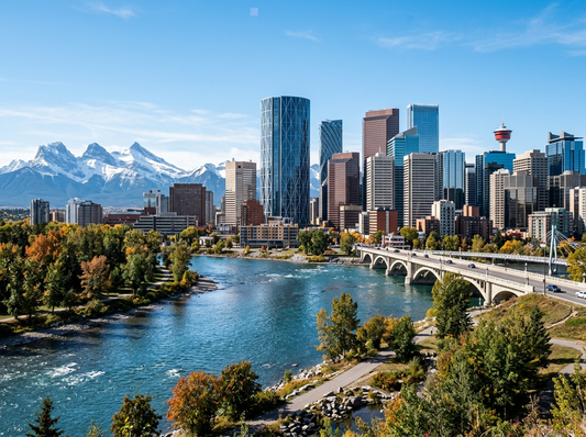 Calgary Alberta skyline with the Bow River and Rocky Mountains - Sleep In mattress delivery - Mattress Miracle