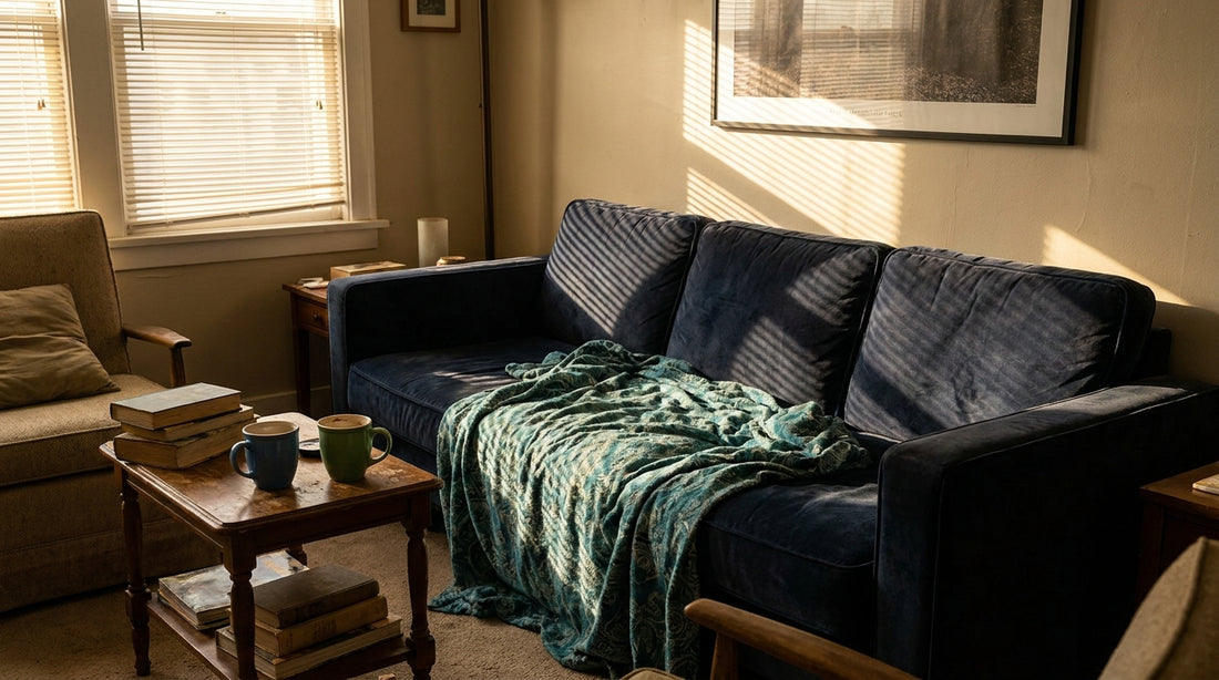 Weary afternoon living room with throw blanket and unfinished coffee - Mattress Miracle Brantford