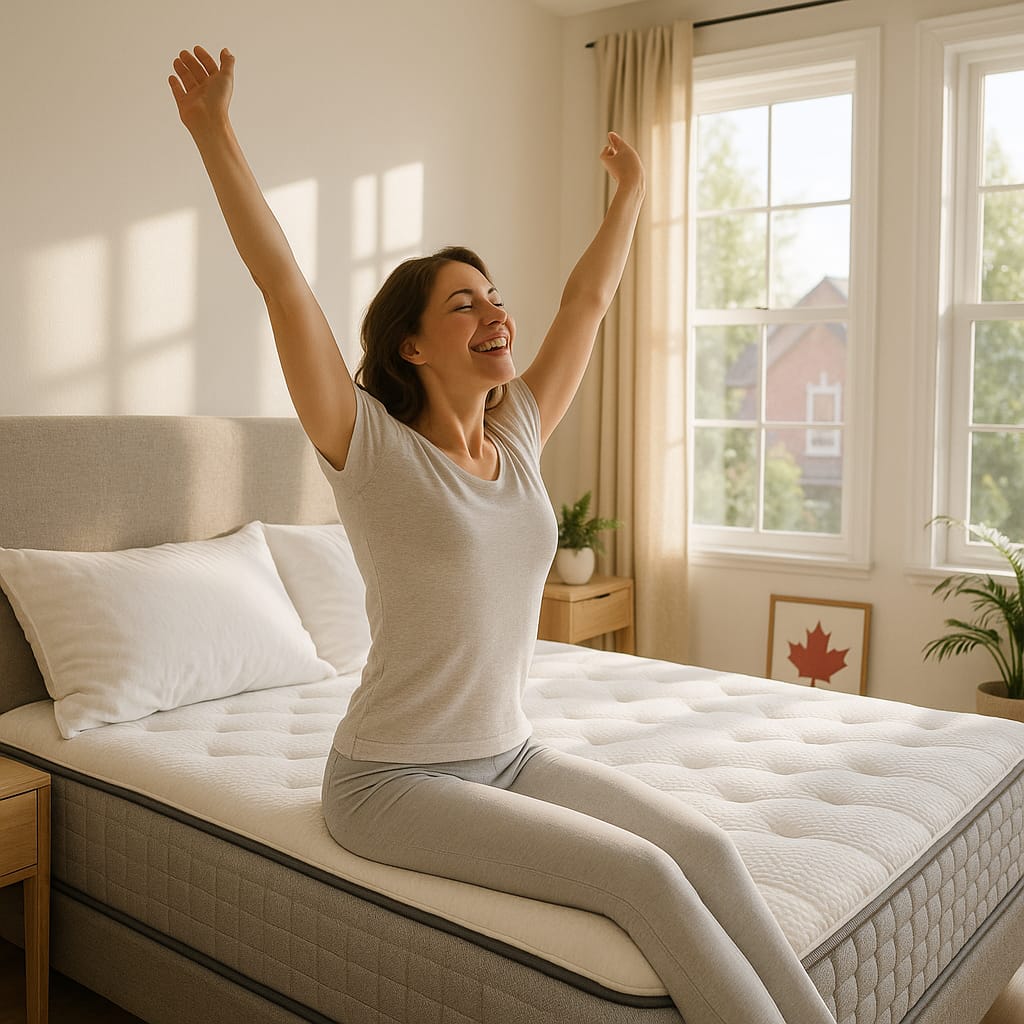 Person waking up pain-free in Paris Ontario bedroom with proper spinal alignment mattress