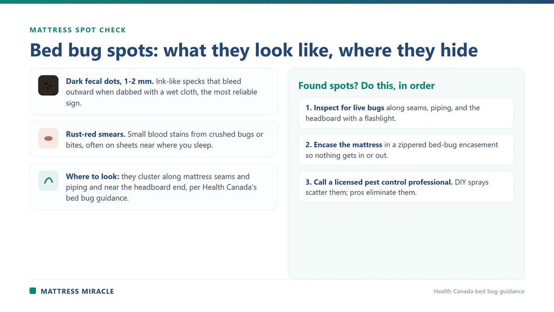 Bed bug spot identification guide: fecal dots, blood smears, where they cluster - Mattress Miracle Brantford