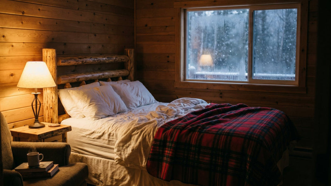 Cozy Canadian bedroom with plaid throw and snowy window - Mattress Miracle Brantford