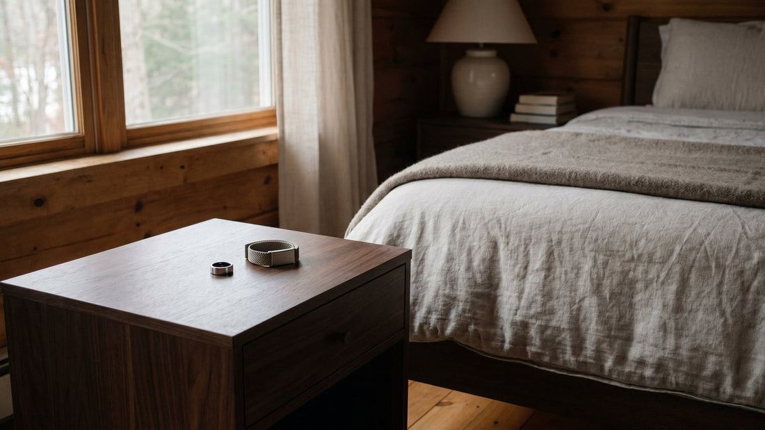 A smart ring and a screenless fitness band resting on a walnut nightstand beside a made bed at dusk - Mattress Miracle Brantford