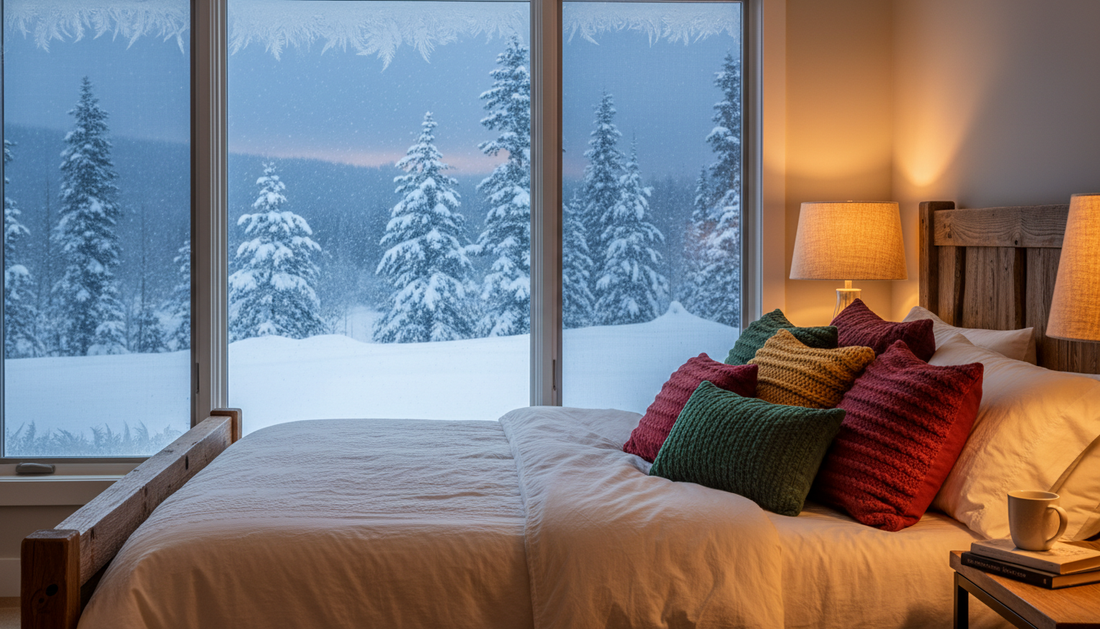 Cozy Canadian bedroom window with winter snow outside - Mattress Miracle Brantford
