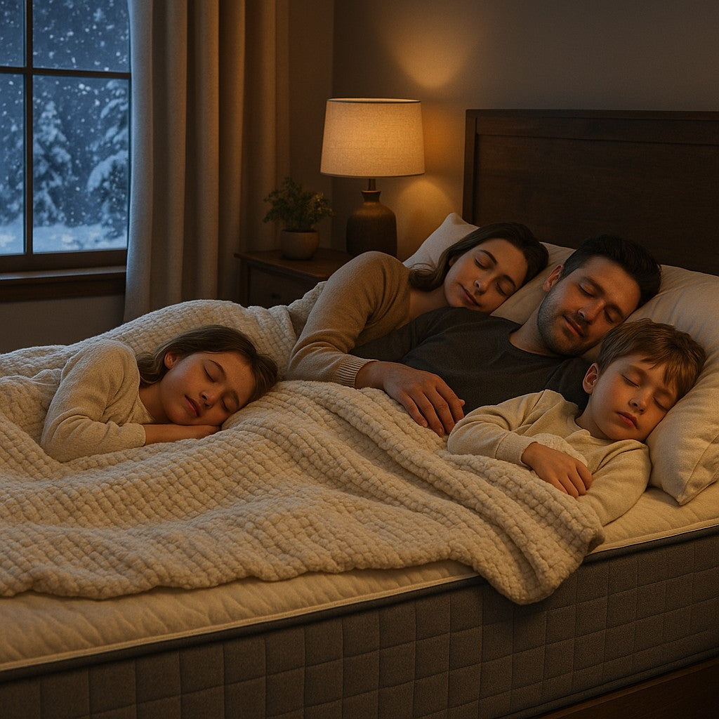 Canadian family enjoying peaceful winter sleep with quality mattress supporting winter wellness and comfort