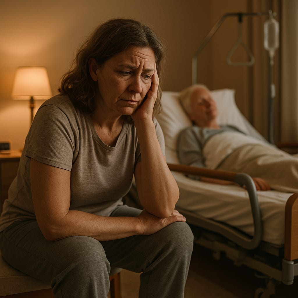 Tired caregiver sitting on adjustable bed with elderly patient resting comfortably, showing bedroom solutions for caregiver sleep challenges
