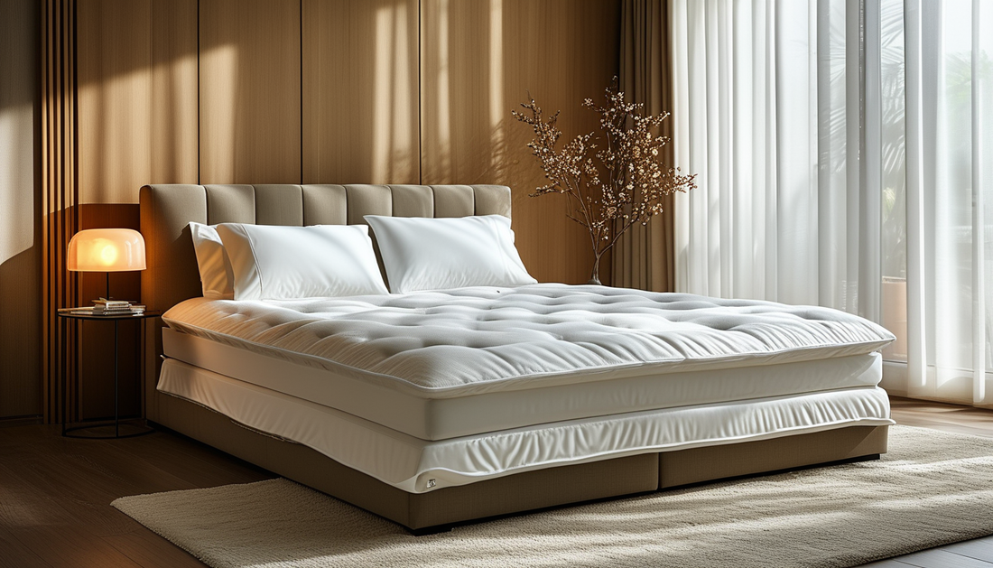 Waterproof mattress protector fitted on a bed in a modern Canadian bedroom