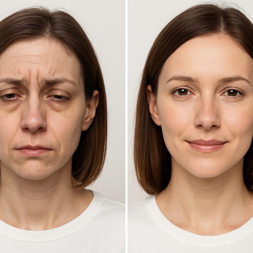 Before and after comparison showing how chronic pain affects facial appearance and how proper sleep support can help restore natural vitality