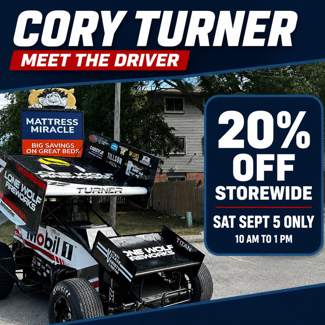 Cory Turner sprint car visit September 5th 20 percent off storewide - Mattress Miracle Brantford