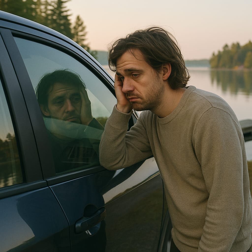 Cottage to city Monday face cover showing person looking at exhausted reflection in car window after cottage weekend