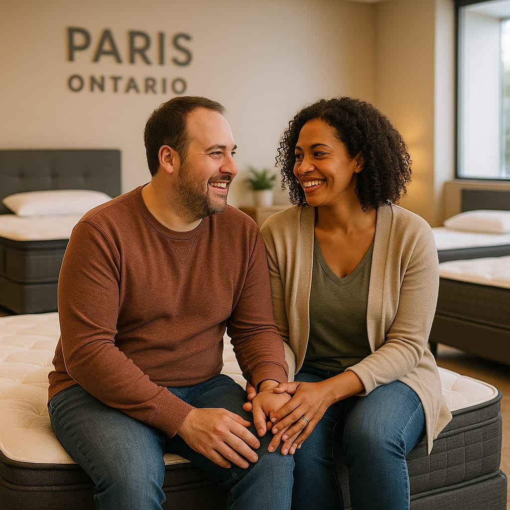 Happy couple in Paris Ontario testing mattresses together and finding their perfect sleep solution