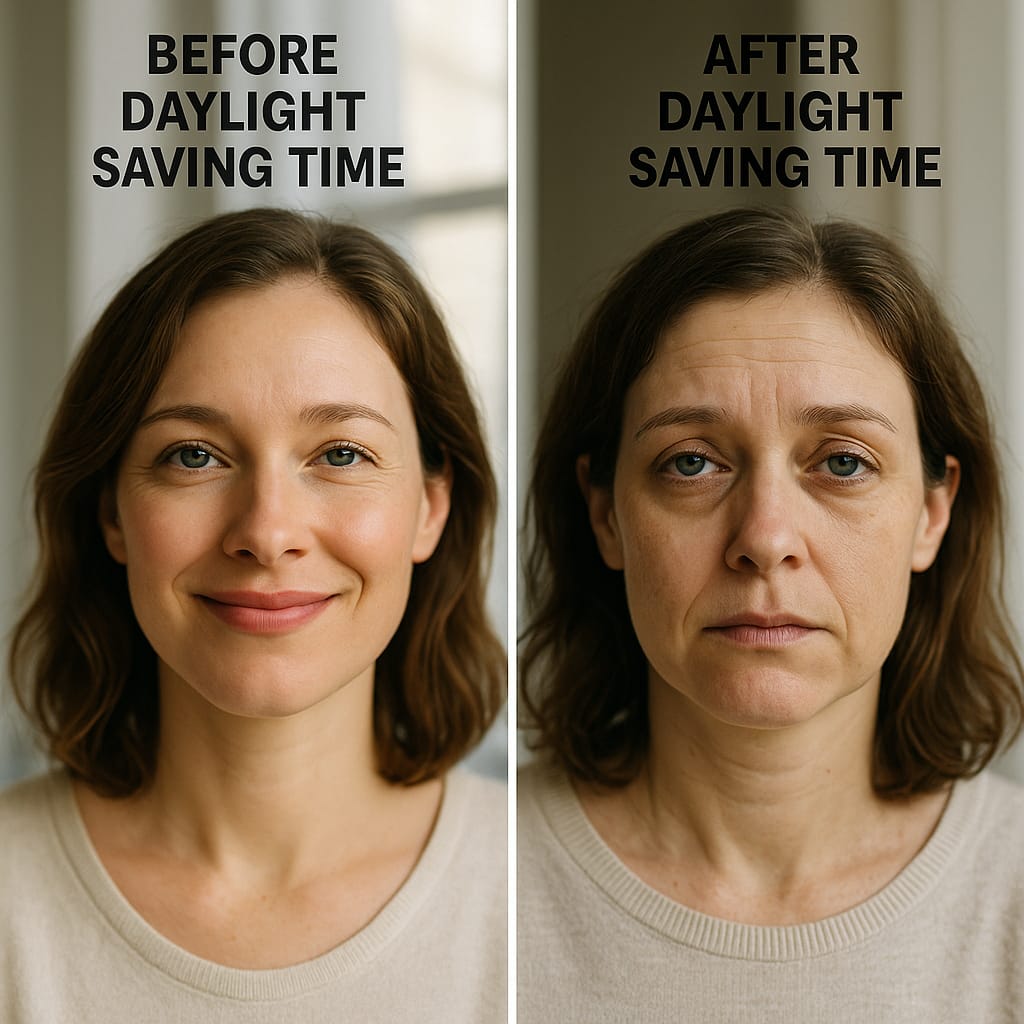 Before and after comparison showing visible aging effects of daylight saving time disruption on woman's face and skin