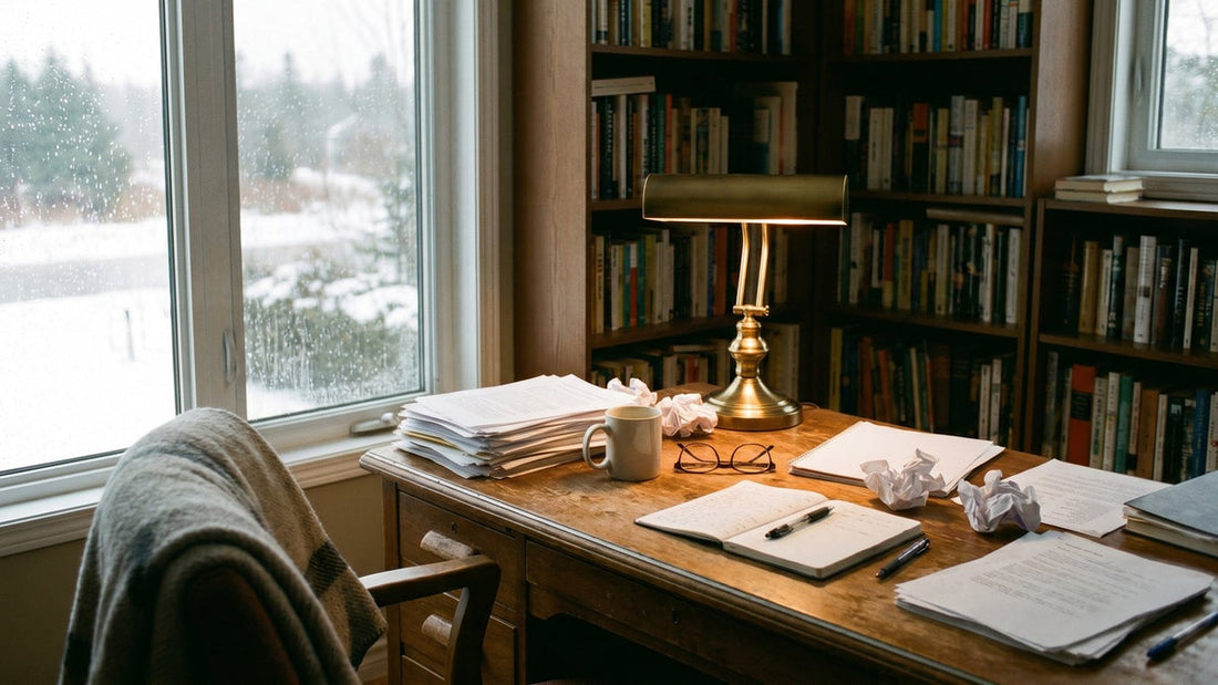 An office desk aftermath of a long day: scattered papers, an empty coffee cup, and reading glasses left beside a dimmed lamp, no one present - Mattress Miracle Brantford