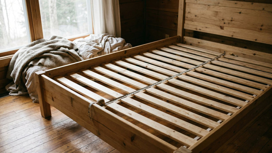 Wooden bed slats on a double frame with a measuring tape laid across the gap between two slats - Mattress Miracle Brantford