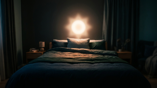 Dim bedroom with a soft burst of light above the pillow, the imagined bang of exploding head syndrome - Mattress Miracle Brantford