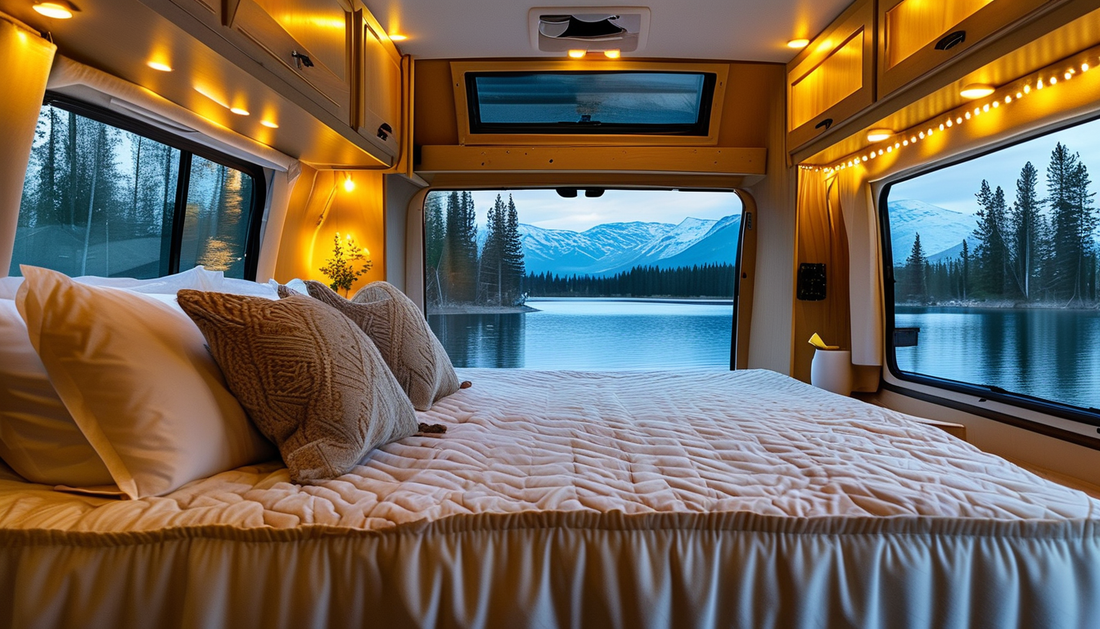 Comfortable mattress inside an RV camper with scenic Canadian lake view
