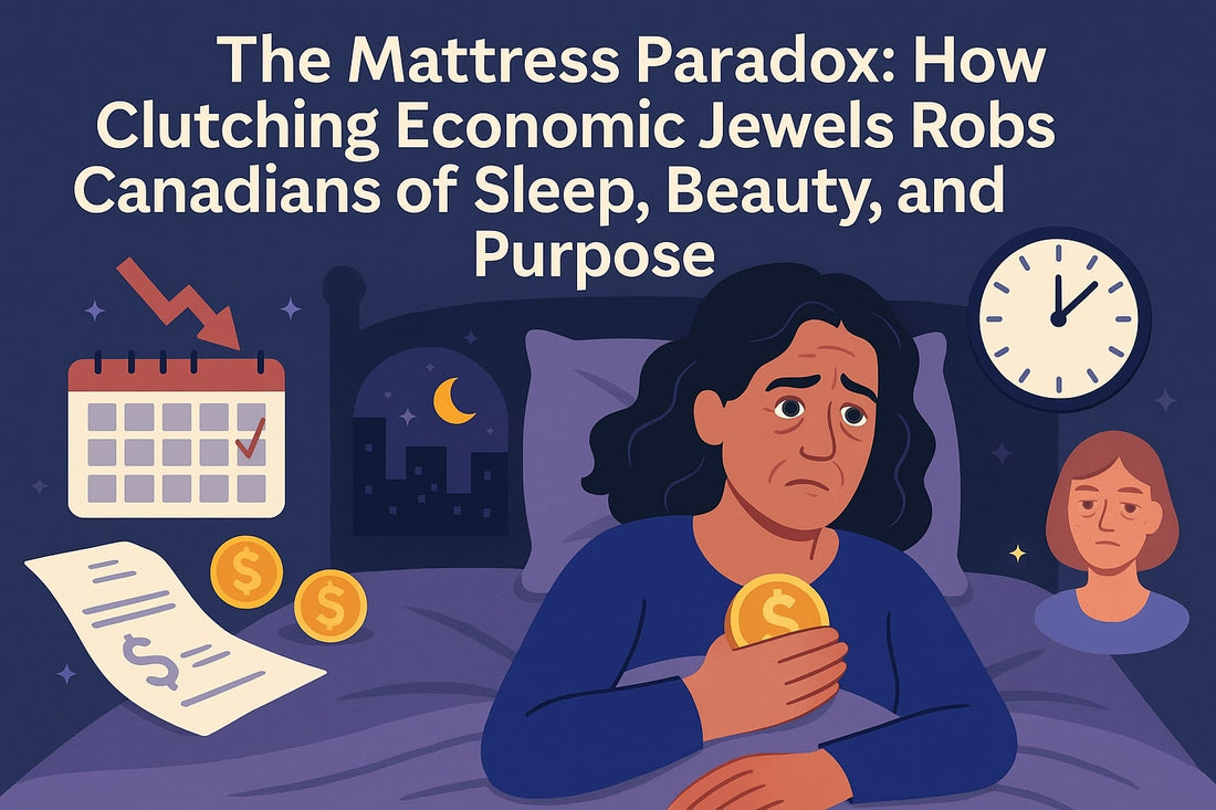 Woman in Bed Holding Gold Coin, Surrounded by Financial Worries and Sleep Disruption Symbols
