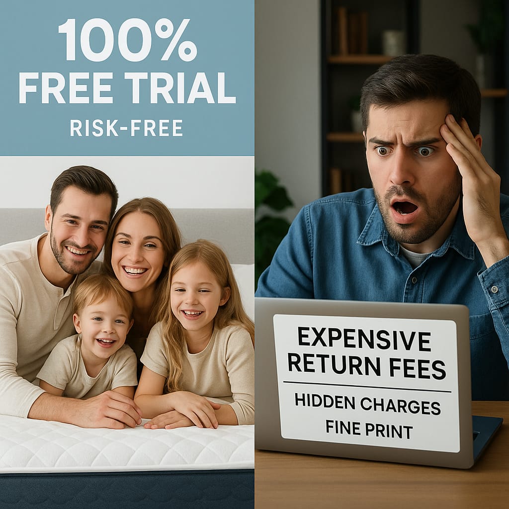 Free mattress trial marketing promises versus hidden costs reality - split screen showing deceptive advertising vs expensive return fees and fine print