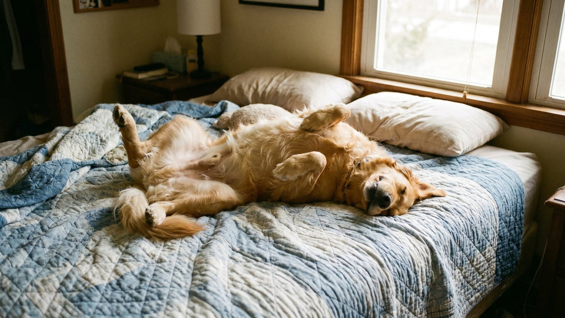Dog sprawled out asleep across a big bed - Mattress Miracle Brantford