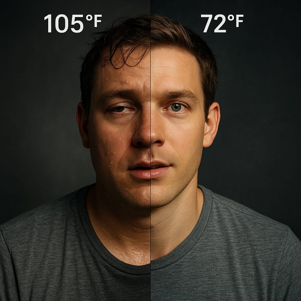 Dramatic cover photo showing before and after comparison of heat wave effects on facial appearance and alertness with striking visual impact