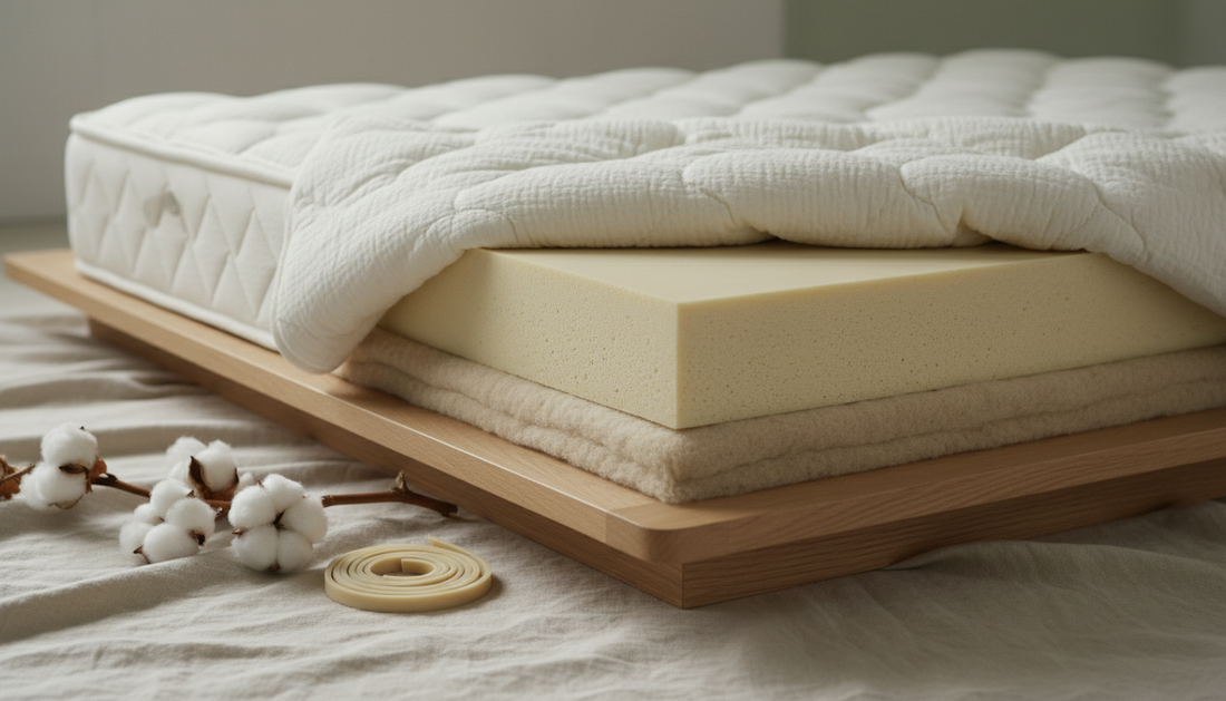 Organic mattress cross-section showing natural cotton, latex and wool layers - Mattress Miracle Brantford