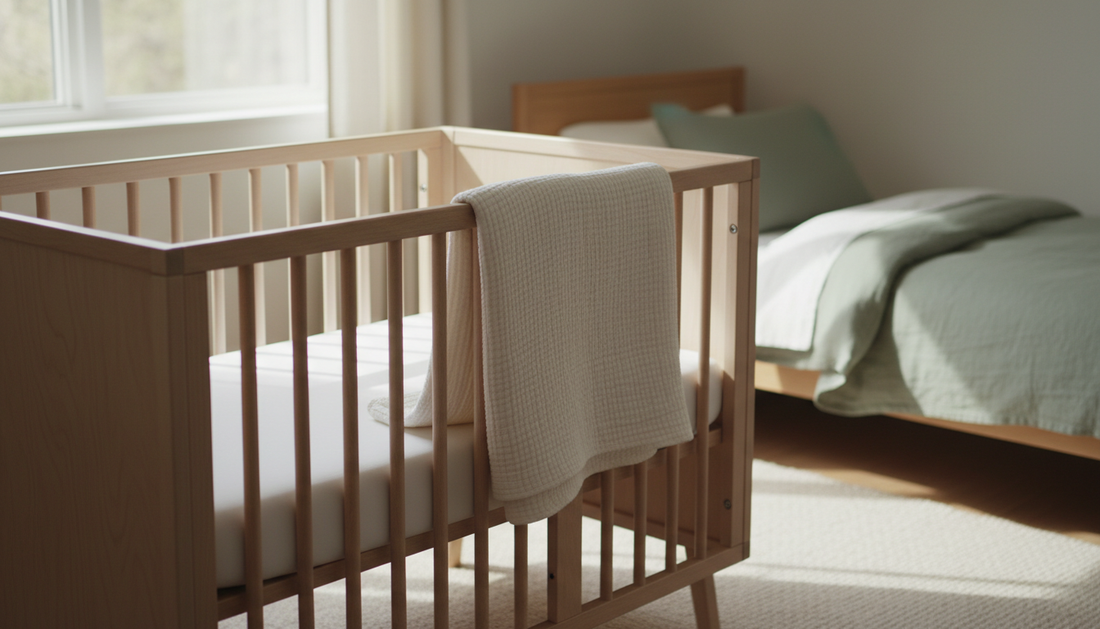 Wooden crib with a firm crib mattress, toddler bed in the background - Mattress Miracle Brantford